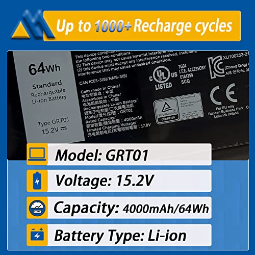64Wh GRT01 Laptop Battery Replacement for Dell Latitude 15 5521 5531 14 5421 5431 Precision 3470 3561 3571 Alienware m17 R5 AMD Series R05P0 00P3TJ 0P3TJ VXD57 05RGW 9JRV0 15.2V 4000mAh 4-Cells - size: 9.21*3.46*0.28 inche GRT01