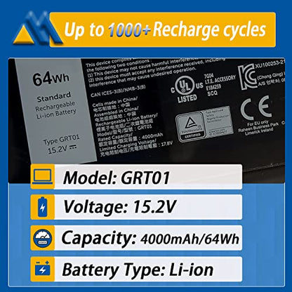 64Wh GRT01 Laptop Battery Replacement for Dell Latitude 15 5521 5531 14 5421 5431 Precision 3470 3561 3571 Alienware m17 R5 AMD Series R05P0 00P3TJ 0P3TJ VXD57 05RGW 9JRV0 15.2V 4000mAh 4-Cells - size: 9.21*3.46*0.28 inche GRT01