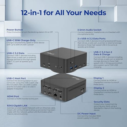 Rosewill 12-in-1 USB C Triple DisplayLink Docking Station | 135W PD, 3x HDMI (3x 1080p 60Hz), 3x USB 5Gbps Ports | Windows, macOS, ChromeOS Compatible - Enhance Productivity with Multi-Monitor Support - style: DisplayLink