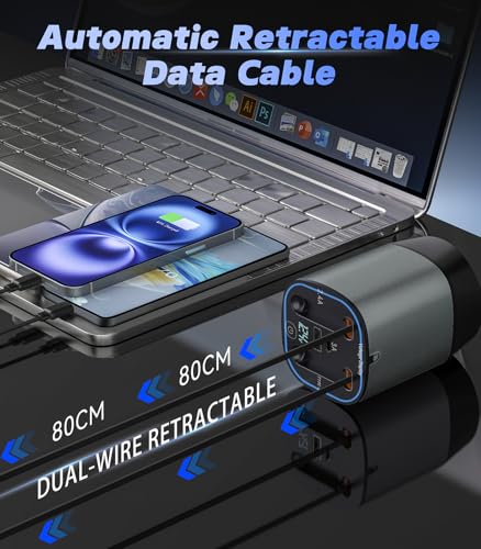 120W 4-in-1 Fast Car Charger - Retractable Cable Station with Digital Display, 100W Type-C & Lightning Coils, Universal for All 12V-24V Cigarette Lighter Vehicles