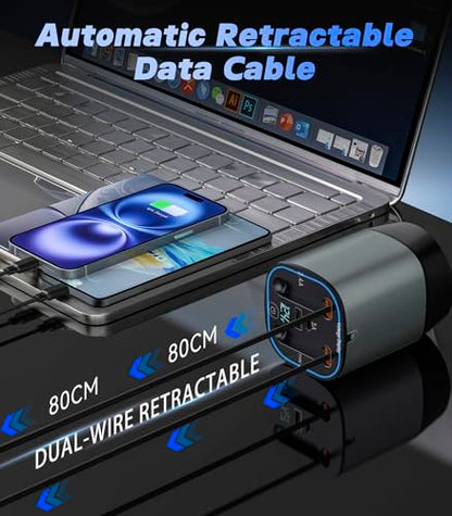120W 4-in-1 Fast Car Charger - Retractable Cable Station with Digital Display, 100W Type-C & Lightning Coils, Universal for All 12V-24V Cigarette Lighter Vehicles