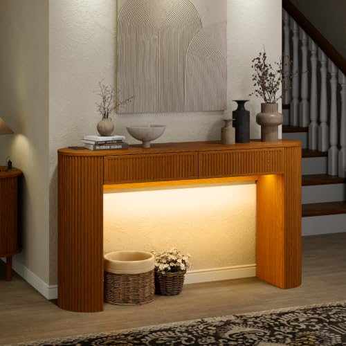 55" Fluted Console Table with 2 Drawers & LED Lights,Entryway Tables with Charging Station,Narrow Sofa Table Behind Couch,Mid-Century Modern Foyer Table for Entryway, Hallway, Living Room(Yellow Oak) - color: Yellow Oak