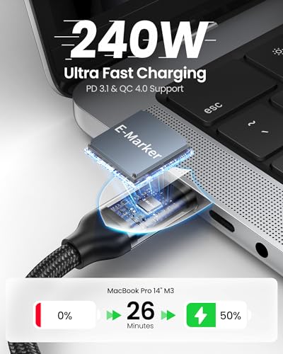 Silkland USB 4 Cable for Thunderbolt 4 Cable, 40Gbps Data Sync, 8K/5K@60Hz, 4K@240Hz, 240W Charging, NetBraid-48 USB C Monitor Cable 5FT, Compatible for MacBook, iPhone 17/16, Monitor, SSD, Docking - size: 5FT