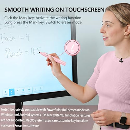 N21 Bluetooth Presentation Clicker for PowerPoint with Retractable Pointer | ①Red laser ②Telescopic touch pen ③Countdown timer, vibration alert ④Customizable Button ⑤Rechargeable, battery level display - color: Pink - Red Pointer