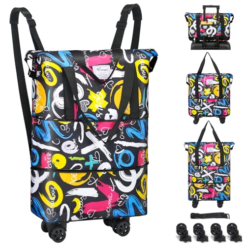 VOOWO Duffel Bag with Wheels - Rolling Foldable Expandable Duffle Bag with Wheels for Travel, Rolling Luggage Carry On Bag with Wheels, Large Rolling Backpack Weekend Bags for Men Women (Black) - color: Graffiti