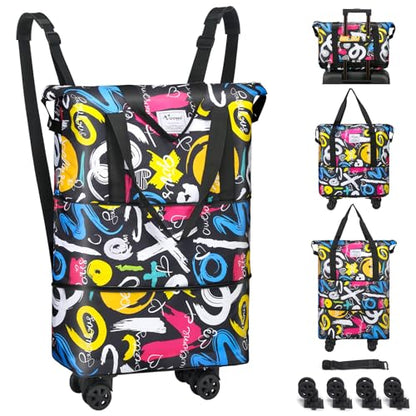 VOOWO Duffel Bag with Wheels - Rolling Foldable Expandable Duffle Bag with Wheels for Travel, Rolling Luggage Carry On Bag with Wheels, Large Rolling Backpack Weekend Bags for Men Women (Black) - color: Graffiti