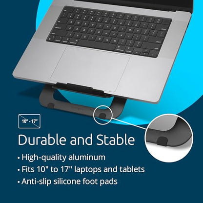 Kensington Adjustable Aluminum Laptop Stand for Desk, Ultra-Slim Lightweight Foldable Portable Notebook Holder, Anti-Slip Silicone Tablet Mount for 10"-17" Laptops and Tablets, Black K50428WW - style: Aluminum