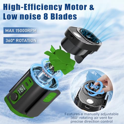 Portable Fan,120-Speed Adjustable Waist Clip Fan Turbo Cooling, Rechargeable Clip-On Personal Fan with LED flashlight,for Outdoor,Travel,Camping - color: Green