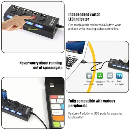 4-Port USB Hub with LED Indicators, 3.0 High-Speed Ports & 7.0 Ports, 5V Powered, Independent Switching for Keyboards, Mice, and Memory Cards, Compact Design for Computer Peripherals