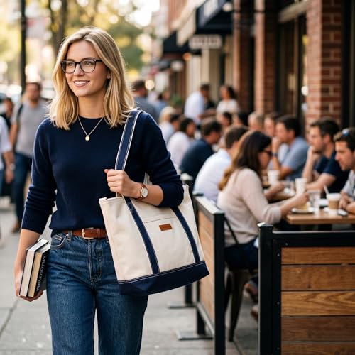Aveniee Canvas Tote Bag for Women, Crossbody Purse with Zipper, Adjustable Shoulder Strap Handbags - color: Navy