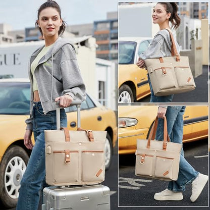 Laptop Bag for Women 15.6 Inch Work Tote Briefcase with USB Nylon Shoulder Handbag for Office Travel Business - color: Khaki