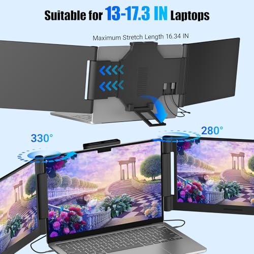 Funhill Laptop Screen Extender 14 inch Laptop Monitor Extender 1080P IPS, Triple Portable Monitor for Laptops 13-17.3" with Display/HDMI Port, Plug-Play Portable Screen for Windows/Chrome/Android