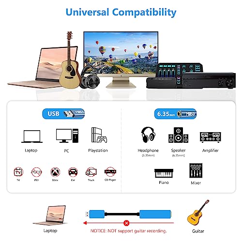 MillSO USB to 1/4 Jack Audio Adapter Type-A to 6.35mm Female TRS Headphone Aux Adapter Stereo USB External Sound Card for Laptop, PC, Amplifier, Speaker, 6.35mm Headphone - style: USB-A Male to 1/4 Female