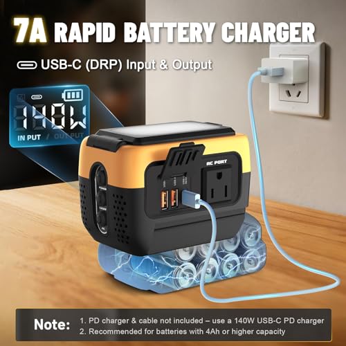240W Power Inverter Pure Sine Wave Compatible with Dewalt 20V Battery | No Battery, 7A Fast Charger, 120V AC Outlets, USB-C (140W), 2 QC USB Ports (18W), 600LM LED,Portable Power Station - color: Yellow