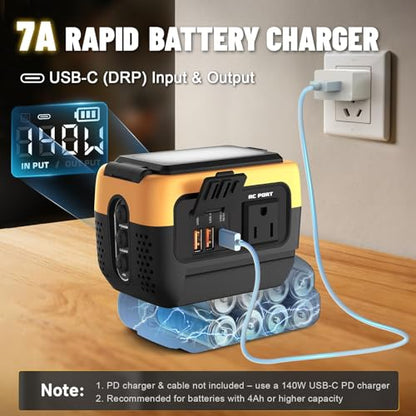 240W Power Inverter Pure Sine Wave Compatible with Dewalt 20V Battery | No Battery, 7A Fast Charger, 120V AC Outlets, USB-C (140W), 2 QC USB Ports (18W), 600LM LED,Portable Power Station - color: Yellow