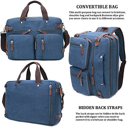 CROCOD 3 In 1 Canvas Convertible Laptop Bag for Men Women, 17.3 inch Laptop Messenger Bag Work Briefcase, Computer Shoulder Bag for Travel Business Office (17.3 Inch, Blue) | 3 In 1 - color: Blue