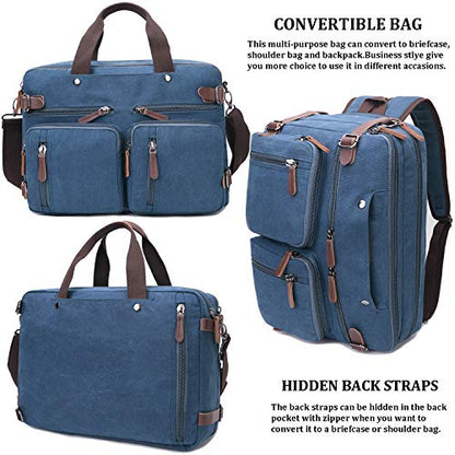 CROCOD 3 In 1 Canvas Convertible Laptop Bag for Men Women, 17.3 inch Laptop Messenger Bag Work Briefcase, Computer Shoulder Bag for Travel Business Office (17.3 Inch, Blue) | 3 In 1 - color: Blue