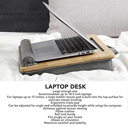 21.7x14.2 Inch Bamboo Laptop Lap Desk for Remote Workers Studying from Home,Supports up to 18.5 Inch Laptops,Built in Pu Leather Mouse Pad Wrist Slot,Comfortable Pillow
