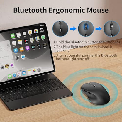 Bluetooth Mouse, Ergonomic Wireless Mouse for Medium to Large Sized Right Hands, Without USB Receiver, 6 Buttons, 1600 DPI, Cordless Computer Mice for Laptop Chromebook Tablet Windows - Black