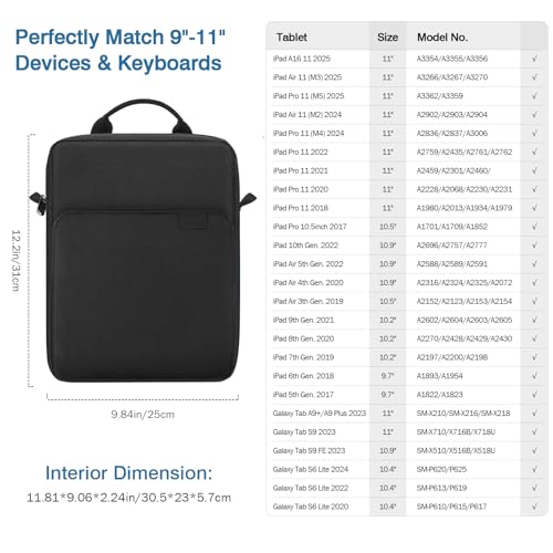 MoKo 9-11 Inch Tablet Sleeve Bag Handle Carrying Case with Shoulder Strap Fits New 11-inch iPad Pro M5/iPadAir M3, i-Pad 10 10.9, iPad 9/8/7th 10.2, i-Pad Air 5/4th 10.9, Tab S8/S9 11, Black - color: Black, size: 9-11 inch