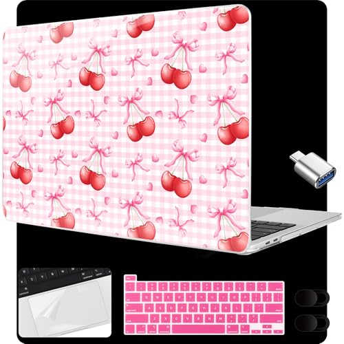 MEEgoodo for MacBook Pro 13 inch Case 2022 2021 2020 A2338 M2/M1 A2251 A2289 with Touch ID,Clear Laptop Hard Shell Cases with Keyboard Webcam Cover&Trackpad Film& Type C Adapter, Cherry Bow Pattern - color: Cherry Bow Pattern