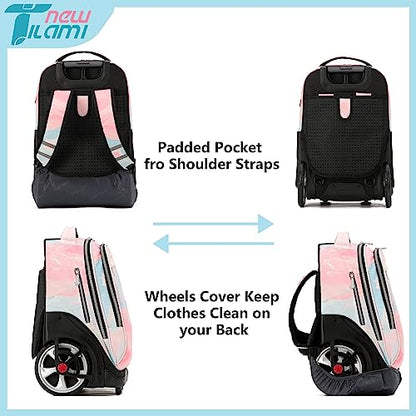 NEW TILAMI 19 inch Rolling Backpack Teens Rolling Backpack Cute Wheeled Laptop Backpack Bookbag Roller Travel Bag College,Pink - color: Pink