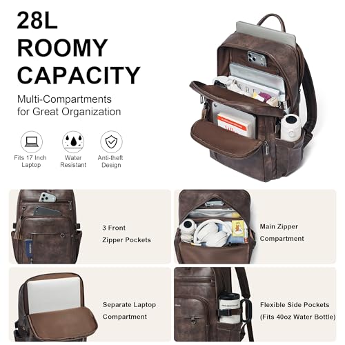 Shrrie Vegan Leather Laptop Backpack for Women,17 Inch Computer Backpack Purse for Work Business College Travel Teacher Nurse with Anti-theft Pocket & Giant Tumbler Holder Pocket,Chocolate - color: Chocolate
