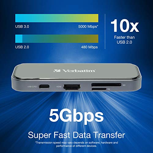 Verbatim 8-in-1 USB C Hub w/Dongle for Laptop - 100W PD, 2 USB 3.0 Ports, 2 USB-C Ports, SD Card Readers, HDMI, 3.5mm Audio