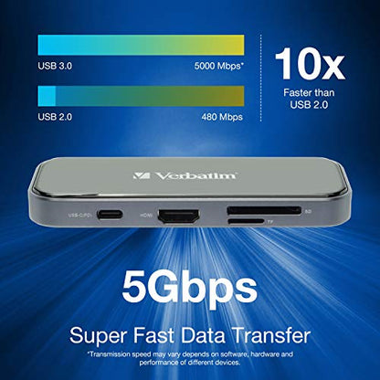 Verbatim 8-in-1 USB C Hub w/Dongle for Laptop - 100W PD, 2 USB 3.0 Ports, 2 USB-C Ports, SD Card Readers, HDMI, 3.5mm Audio