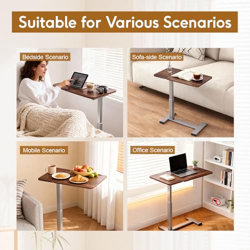 Pneumatic Overbed Table with Wheels, Height Adjustable Bedside Table with Ultra-Low Base for Hospital & Home, Rolling Laptop Cart with Walnut Finish - color: Walnut