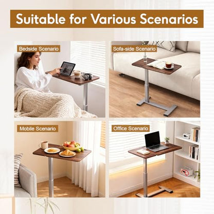 Pneumatic Overbed Table with Wheels, Height Adjustable Bedside Table with Ultra-Low Base for Hospital & Home, Rolling Laptop Cart with Walnut Finish - color: Walnut
