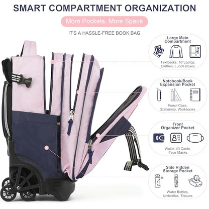 NEW TILAMI 18 Inch Expandable Rolling Backpack Stair-Climbing for School | 6-Wheel Stair-Climbing Girls Boys Carry-on Suitcase 15.6 Laptop Sleeve Water-Resistant Adjustable Handle Wheel Travel Camping - color: Pink