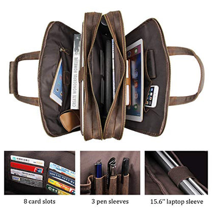 Leather Briefcase for Men, 15.6 Inch Laptop Business Travel Bag | 100% Full Grain Leather | YKK Zipper | Fits 15.6" Laptop | 8 Card Slots + 3 Pen Sleeves | Detachable Strap & Trolley Sleeve - color: Brown