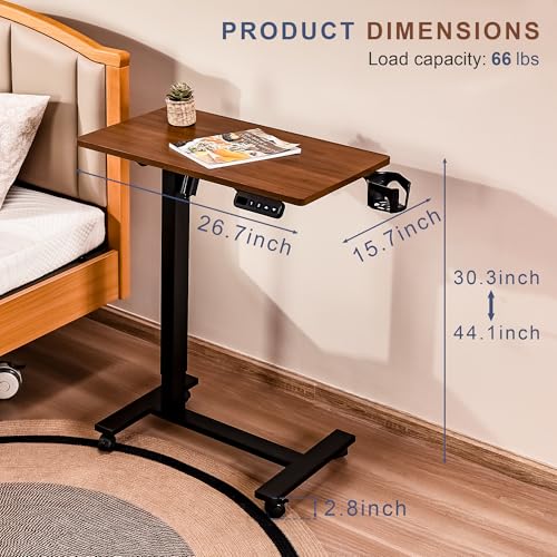 Electric Overbed Table with Wheels, Height Adjustable Bedside Sofa Couch Side Tables, C Shaped Mobile Standing Small Laptop Desk for Home Office, Dark Walnut - color: Dark Walnut
