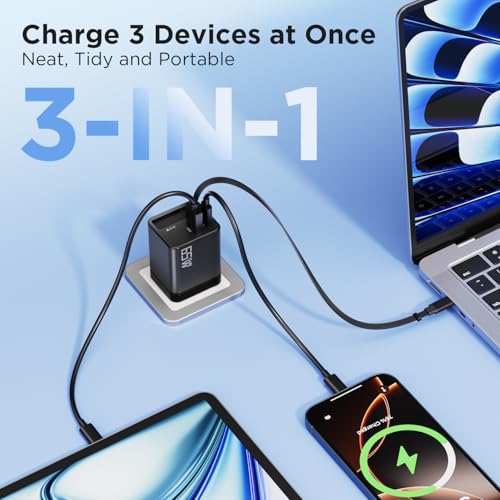 65W GaN USB C Charger with Retractable Charging Cable, 3-Port Power Adapter | Fast travel charger for MacBook, iPhone 17 16 15, Samsung Galaxy S24, iPad, multi port compact wall charging block, black - color: Black