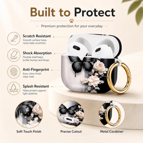 Compatible with AirPod 4 Case 2024, Cute Hard Plastic Protective Cover for Airpod 4th Generation Women, Shockproof Shell Skin with Gold Ring Keychain,Black Butterfly White Flowers Gray Leaf - color: Black Butterfly White Flowers Gray Leaf