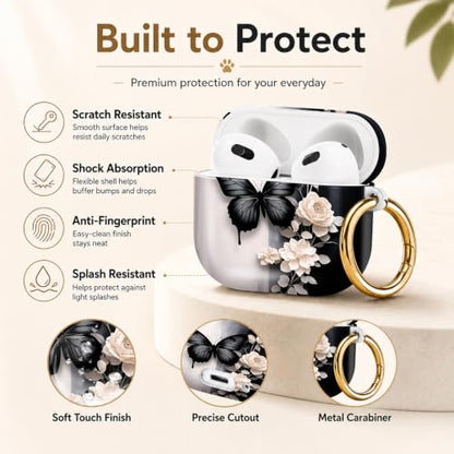 Compatible with AirPod 4 Case 2024, Cute Hard Plastic Protective Cover for Airpod 4th Generation Women, Shockproof Shell Skin with Gold Ring Keychain,Black Butterfly White Flowers Gray Leaf - color: Black Butterfly White Flowers Gray Leaf