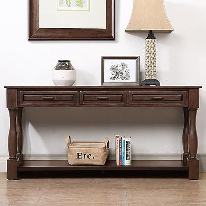 60" Solid Wood Console Table for Entryway,Sofa Table with 3 Drawers | 60" Espresso Entryway Table with Storage Drawers & Shelf,Solid Wood Long Sofa Table for Hallway,Foyer,Entry,Easy Assembled - color: Espresso