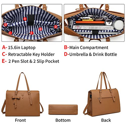 Keyli 4pc Sets Laptop Bag for Women Large Leather Laptop Briefcase with USB Charging Port Computer Shoulder tote Bags Purse - color: Brown