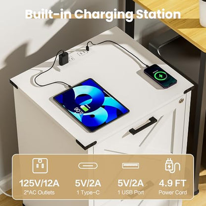 Onelike Small Wood File Cabinet with Charging Station and Lock, 2 Drawers | Built-in 2 AC, USB & Type-C; 1 lock secures 2 drawers; Nightstand, Printer stand and Mobile under-desk cabinet; White - style: 2 Drawers