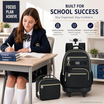 3Pcs Rolling Backpack for Boys Men, 19 Inche Adults Roller Backpacks with Wheels, School Wheeled Bookbag with Lunch Box(Black) - color: Classic Black