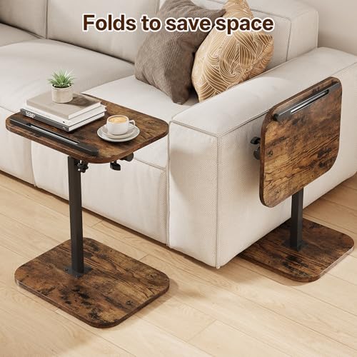 TV Tray Table, Sofa Side Armrest Tray, Adjustable Height, Flip-Top, Snack Side Table with 360° Swivel and 180° Tilt, C Shaped End Table for Couch, Small Spaces, Bed, Chair, Brown - color: Brown