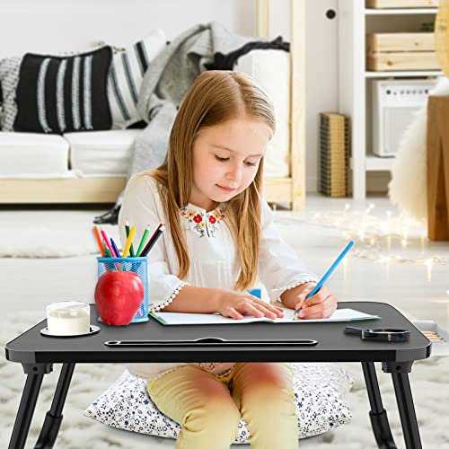 Zapuno Foldable Laptop Bed Table Multi-Function Lap Serving Tray Dining Table with Storage Drawer and Water Bottle Holder, Slot for Eating, Working on Couch/Sofa (Arc Shape) - color: Black
