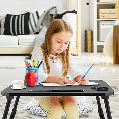 Zapuno Foldable Laptop Bed Table Multi-Function Lap Serving Tray Dining Table with Storage Drawer and Water Bottle Holder, Slot for Eating, Working on Couch/Sofa (Arc Shape) - color: Black