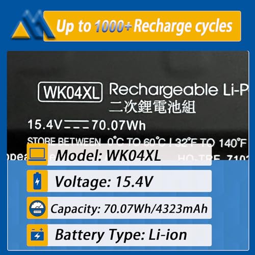 70.07Wh WK04XL Laptop Battery Replacement for Hp Victus 16-b 16-c 16-d 16-e Series 16-D0013DX 16-D0001UR 16-D1113TX 16-E0005UA 16-E0029UR 16-E0194NW HSTNN-OB2C M38822-AC1 4-Cell - size: 12.87*3.16*0.31 inch WK04XL