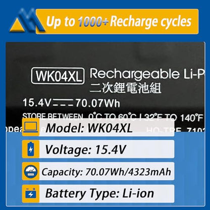 70.07Wh WK04XL Laptop Battery Replacement for Hp Victus 16-b 16-c 16-d 16-e Series 16-D0013DX 16-D0001UR 16-D1113TX 16-E0005UA 16-E0029UR 16-E0194NW HSTNN-OB2C M38822-AC1 4-Cell - size: 12.87*3.16*0.31 inch WK04XL