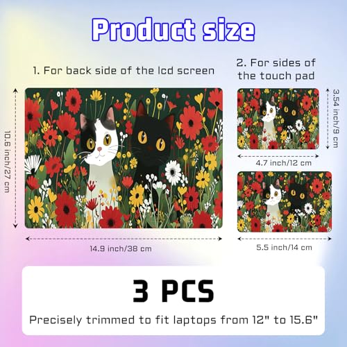Universal Laptop Skin Sticker Decal, Compatible with MacBook HP Dell Lenovo 12"-15.6", Reusable Vinyl Notebook Cover 3PCS Set, High-Recognition Film-Cut Cat with Florals - color: Cut Cat with Florals