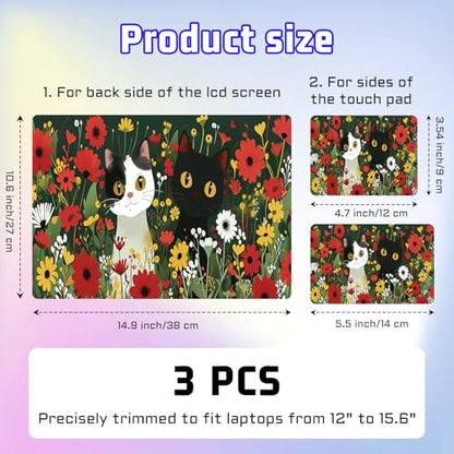 Universal Laptop Skin Sticker Decal, Compatible with MacBook HP Dell Lenovo 12"-15.6", Reusable Vinyl Notebook Cover 3PCS Set, High-Recognition Film-Cut Cat with Florals - color: Cut Cat with Florals