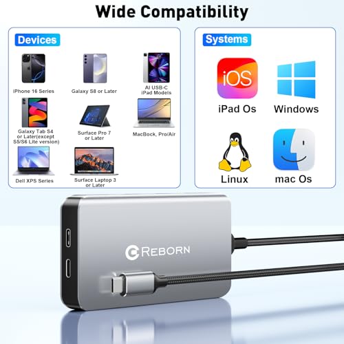 Reborn USB-C Docking Station Dual Monitor Adapter, Laptop Docking Station 3 Monitors Triple Display USBC Hub Dongle to 4K60Hz HDMI+DP,3 USB3.0,100W PD,USB C Data,8-in-1 Dock for Dell,HP,Lenovo,Surface - size: 11.8inch