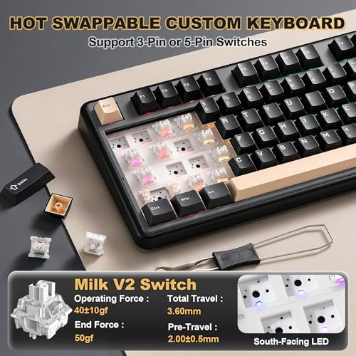 YUNZII B98 PRO QMK/VIA Wireless Mechanical Gaming Keyboard,96% Layout with Numpad and Cute Cat Knob, BT/2.4G/USB-C,Linear Switch Hot Swap Gasket,RGB for Win/Mac (Black, Milk V2 Linear Switch) - color: Black, size: Milk V2 Linear Switch